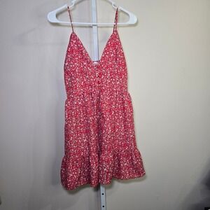 Shein Red Floral Print Mini Dress Spaghetti Strap Button Front‎ Tiered Hem S